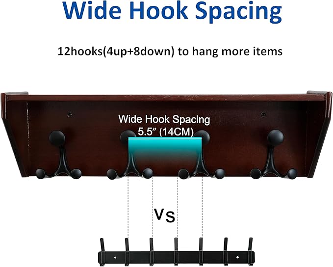 WEBI Wall Shelf with Hooks Underneath,24” Long Wall Mounted Coat Rack with Shelf,Entryway Coat Rack with 4 Triple Hooks for Hanging Coats,Jacket,Hallway,Bedroom,Mudroom,Cherry