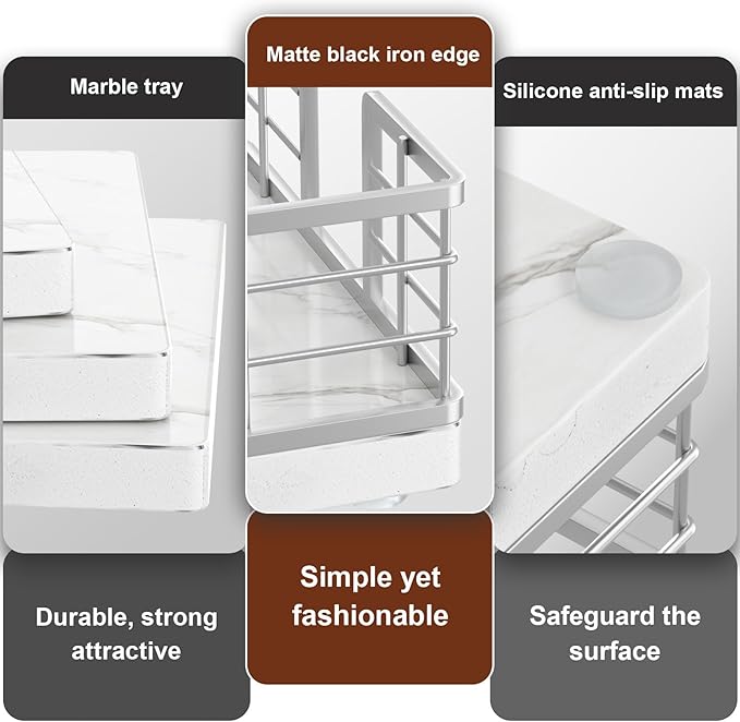 Wican Marble Guest Towel Holder Tray for Bathroom, Napkins Holder for Powder Room Dinning Table Wooden Basket for Disposable Paper Hand Towels Silvery and Marble White