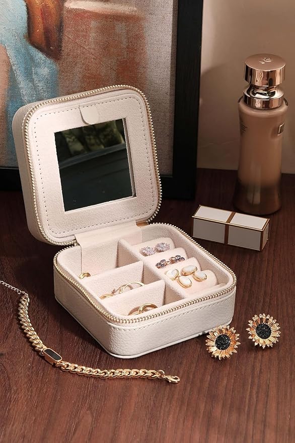 S.Leaf Travel Jewelry Organizer Boxes for Women Small Portable Necklace Earrings Bracelet Rings Travel Case Best Friend Birthday Gifts for Women Trendy (Butterfly_Beige_Gold)