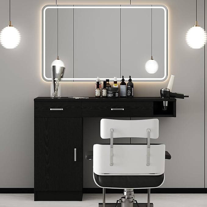 4ever2buy Salon Stations for Hair Stylist, Wall Mount Barber Station with Barber Cabinet, Hair Station Equipment Hair Dryer Holder, Drawers, Mirror not Included, Black