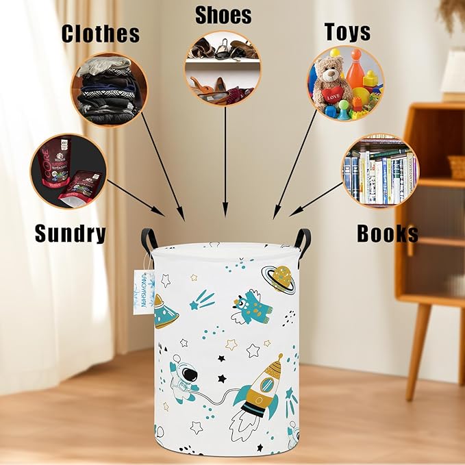 LANGYASHAN Storage Bin, Canvas Fabric Collapsible Organizer Basket for Laundry Hamper,Toy Bins,Gift Baskets, Bedroom, Clothes,Baby Nursery (Round space astronaut)