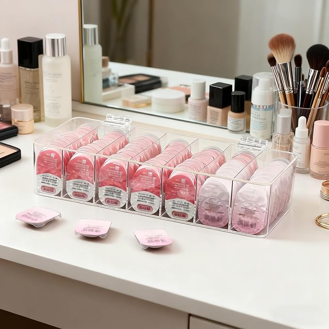 Clear Acrylic Makeup Organizers, 7-Section Bathroom Organizer for Drawer, Cosmetic Display Cases with Lid, Blushes Highlighters Eyeshadow Powder Makeup Organizer Holder Storage