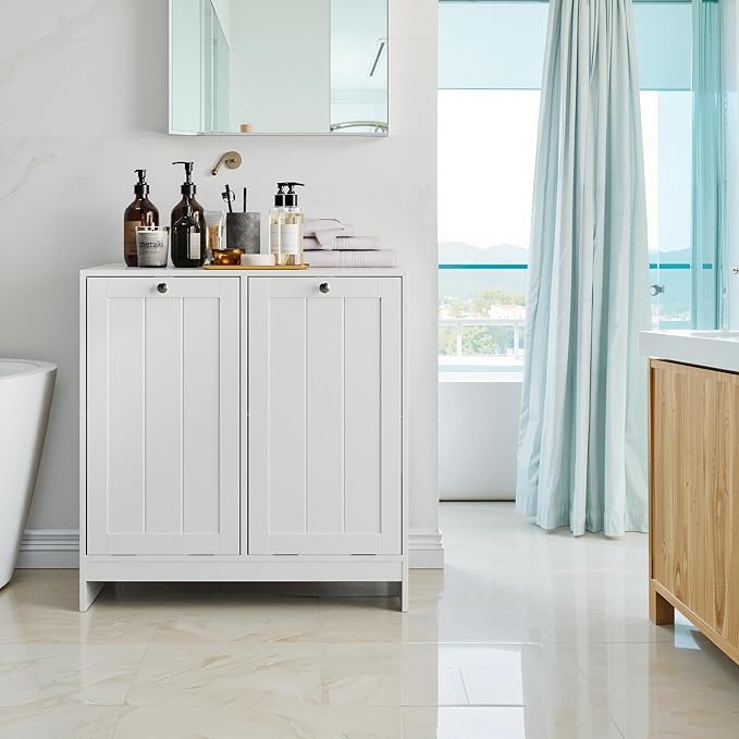 Tilt-Out Double Laundry Hamper Cabinet, White, 26.8" H x 26" W x 12" D, 5.9 Gal Capacity, MDF Construction.