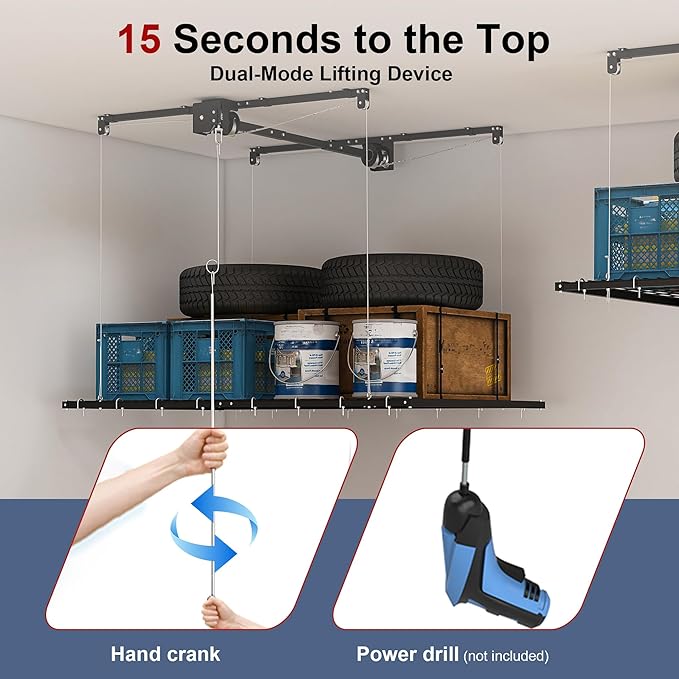 Overhead Garage Storage Rack 4x8 FT, Adjustable Ceiling Lift Storage System for 10–12 FT Ceilings, Heavy-Duty Steel Overhead Shelf with Crank Handle, Safety Lock, 325 lbs Capacity