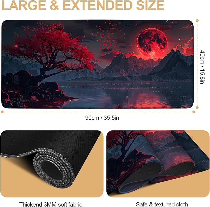 Large Mouse Pad, Red Moon Landscape Desk Mat, Extended Gaming Mouse Pad with Non-Slip Rubber Base, Thick 3mm Smooth Surface Keyboard Mat for Office & Home,35.5 x 15.8 in