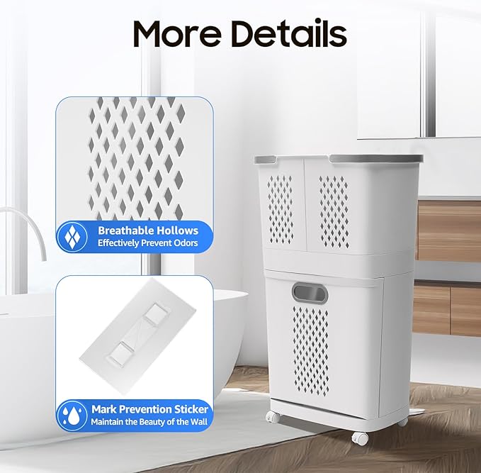 2 Layer Rolling Laundry Hamper Sorter - 4 Wheel Removable Laundry Basket Cart - Portable Multifunctional Storage Organizer - Mobile Laundry Organizer Cart for Bedroom Bathroom Closet