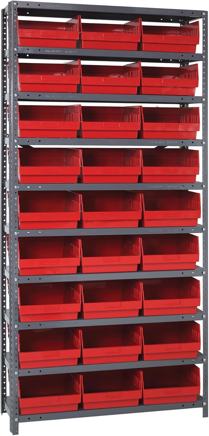 Quantum Storage Systems 1275-209RD Store More Steel Shelving Unit with 6" Shelf Bins, 12" D x 36" W x 75" H, Red