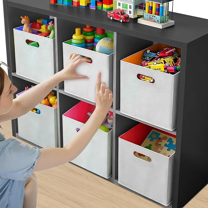 6 Pcs 11 Inch Colorful Felt Storage Cubes with Handle, Collapsible Fabric Storage Cubes Toy Bins Foldable Baskets for Nursery, Playroom, Kids Room, Toys, Books, Clothes(Gray-rainbow)