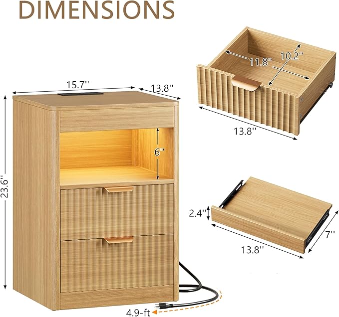 REAHOME Fluted Nightstand with Charging Station, Modern LED Night Stand with 2 Drawers and Pull Out Tray, Wood Bedside Table, End Side Table with Open Shelf for Bedroom,Natural