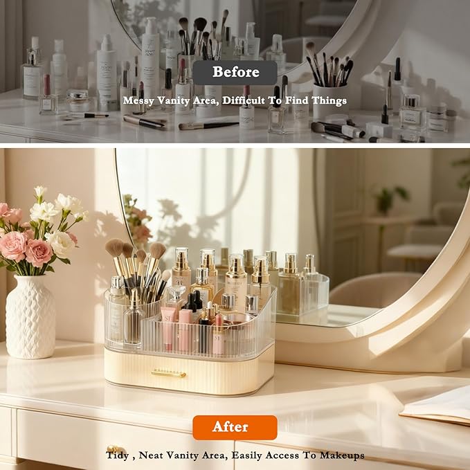 Makeup Organizer for Vanity with Stackable Drawers, 360 Rotating Makeup Brush Holder Large Cosmetic Display Case for Dresser, Bathroom Countertop Skincare Organizers and Storage