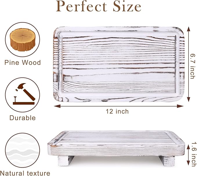 Rustic White Bathroom Counter Tray Kitchen Countertop Trays Decorative Wood Risers Display Pedestal Stand Wooden Riser Soap Dish Dispenser Holder for Bathroom Sink Accessories Kitchen Decor Tray