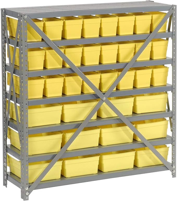Global Industrial 7 Shelf Steel Shelving with (36) 4" H Plastic Shelf Bins, Gray Frame & Yellow Bins, 36" W x 12" D x 39" H, Industrial or Commercial Storage, Assembly Required
