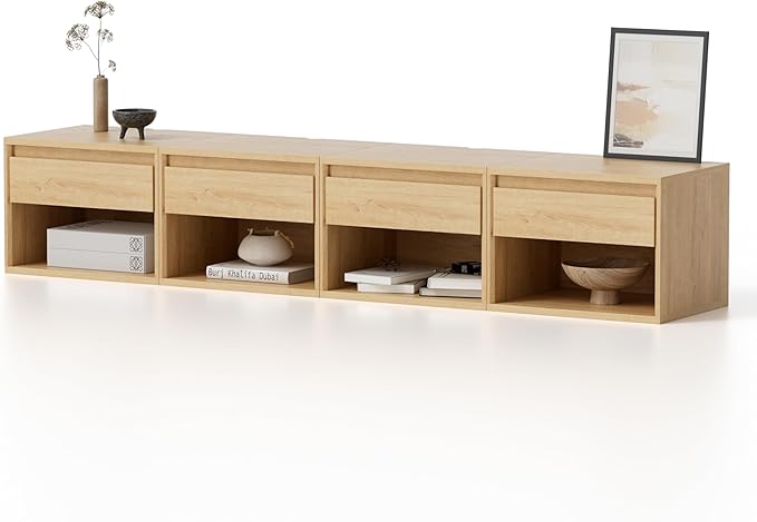 Floating Nightstand Set of 4, Wall Mounted Bedside Table with Storage Drawer and Open Shelf, Modern Night Stand with Handless Design for Living Room, Bedroom, Dorm, Natural Oak