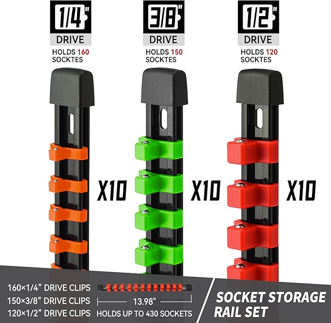 Socket Organizer Drive ABS Tools - Socket Holder, Premium Quality 30 Pieces Socket Holders Kit 1/4-Inch x 160 Clips, 3/8-Inch x 150 Clips, 1/2-Inch x 120 Clips（30PC,Mix-color)