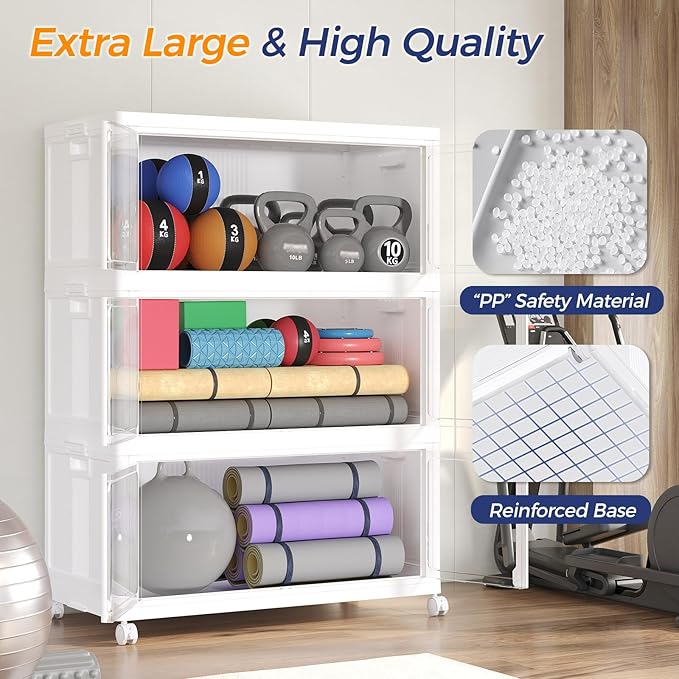 800Qt Stackable Storage Bins with Lid and Wheels, 200Gal Plastic Closet Organizer and Storage Drawer, Large Collapsible Storage Box Cabinet with Clear Door for Home Kitchen Office, 4Pack White