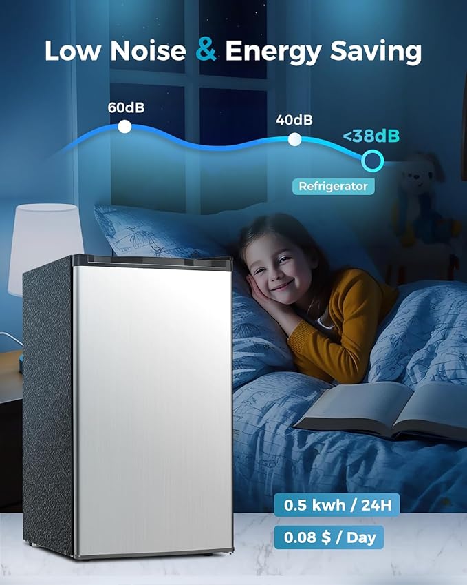 Mini Fridge with Freezer - 3.2 Cu.Ft Single Door Mini Refrigerator with Adjustable Thermostat, Low Noise, Energy Saving, Small Fridge for Bedroom, Apartment, Dorm, Classroom, Office - Silver