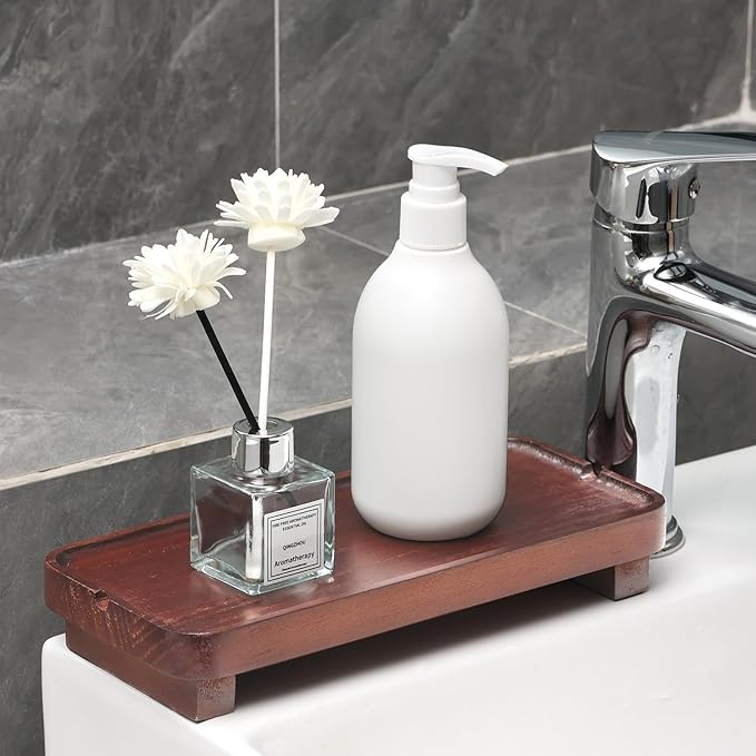 Wood Riser Small Decorative Tray Sink Soap Dish, Vanity Tray Pedestal Stand 10 x 4.5 inches (Dark Brown)