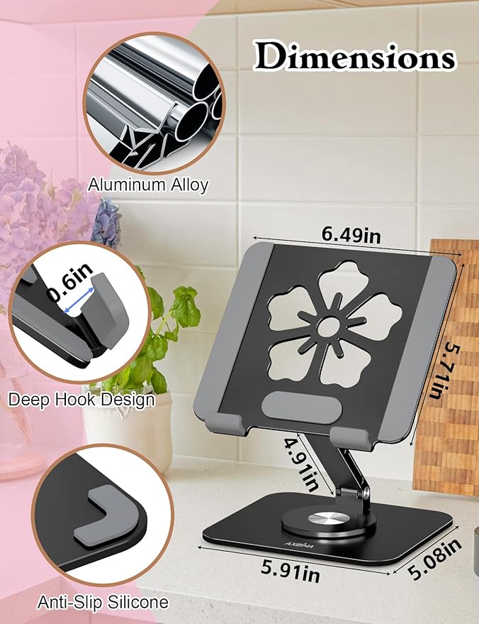 Tablet Stand for iPad, 360° Rotating Aluminum Foldable Holder – Adjustable Desk Stand | Fits iPad Pro 12.9/11,Samsung Galaxy Tab – Portable for Home, Office & Travel,Black