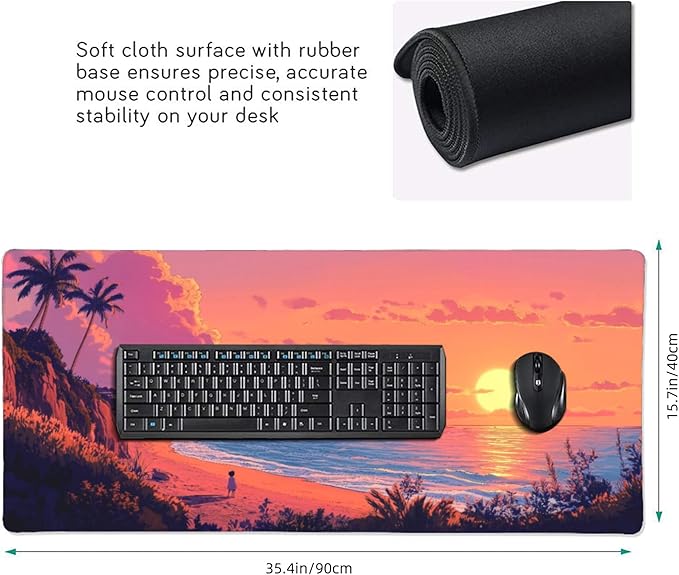 Sunset Beach Large Mouse Pad, Anime Style Gaming Desk Mat, XXL Keyboard Desk Pad Mat for Desktop, 35.4"x15.7" Non-Slip Base Big Mousepad with Stitched Edges