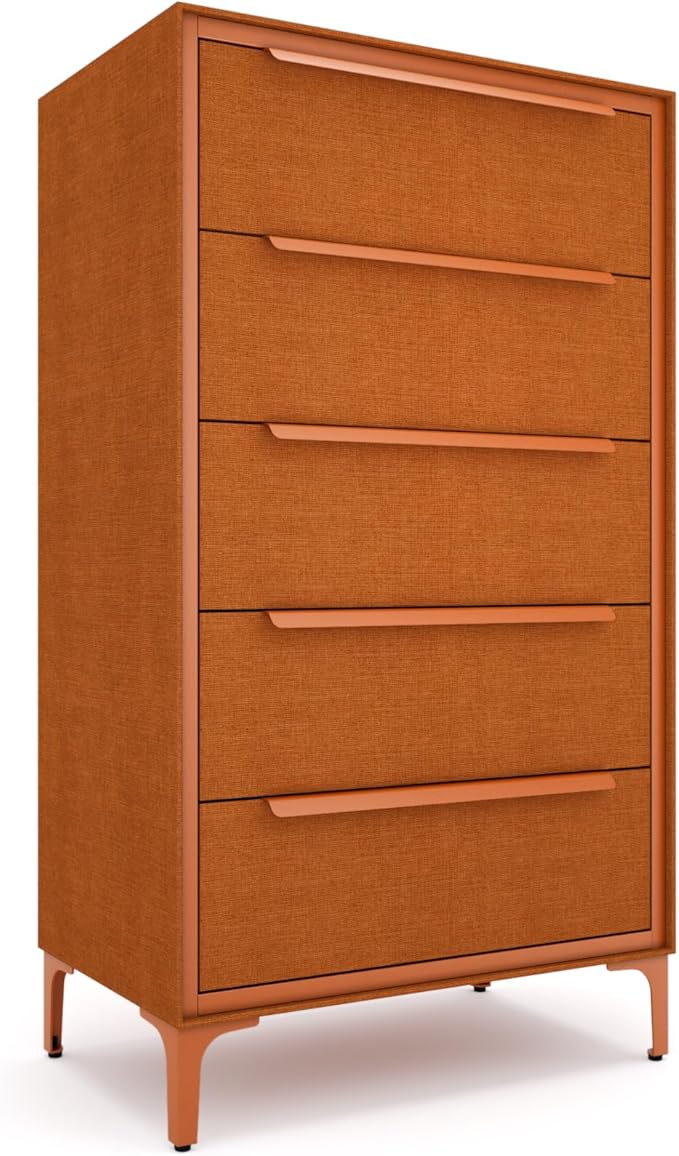 tinge Naima Premium Fabric Dresser - Strong Metal Frame, 5 Spacious Sag-Proof Drawers with Sleek Metal Handles - Premium & Durable Storage Solution for Your Home (Orange)