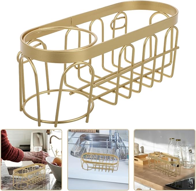 Toyvian Kitchen Sink Sponge Holder Basket with Moisture Control Easy No-Drill Installation Multifunctional Brush Drying Rack Golden Organizer for Cleaning Tools