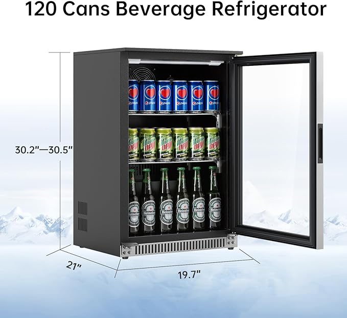 Weili 20 Inch Built in Beverage Refrigerator with Lock, Under Counter or Freestanding 120 Can Soda Beer Drink Cooler Fridge with Stainless Steel and Glass Door