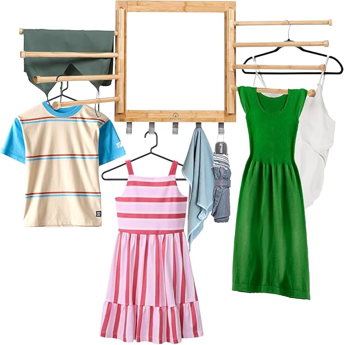 Bamboo Wall Mount Drying Rack for Laundry – Collapsible Foldable Clothes Dryer with 8 Arms & 5 Hooks, Space-Saving Laundry Hanger Dryer Rack, 20 Inch, 80 lb Capacity (Natural)