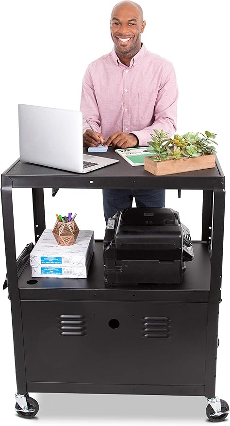 Line Leader Extra Wide AV Cart with Locking Cabinet, Rolling Computer Desk, Height Adjustable Utility Cart with Pullout Keyboard Tray & UL-Listed Power Strip, Great for Projectors (42 x 32 x 20in)