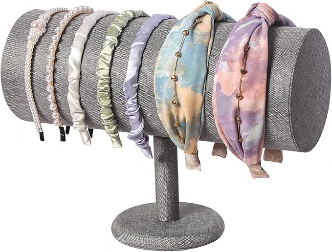 T-Bar Headband Holder Organizer for Show, Soft Velvet Hairband Stand Display, Hair Hoop Accessories Jewelry Storage for Home Bedroom (Gray Linen)