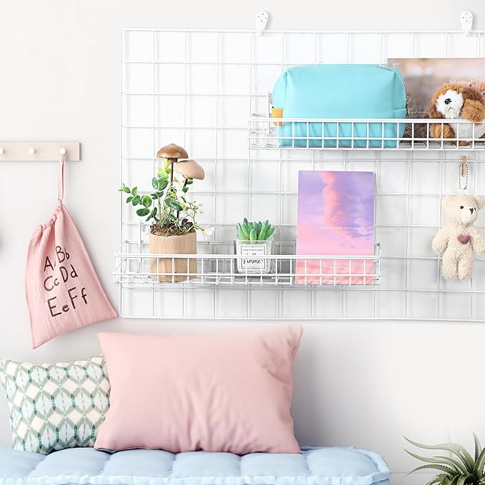Blulu 4 Pcs 15.75 x 3.94 x 1.97 Inch Metal Grid Wall Baskets with Hooks Grid Wall Shelves Hanging Wire Basket Multi Function Storage Organizer for Kitchen Organizing Display (White)