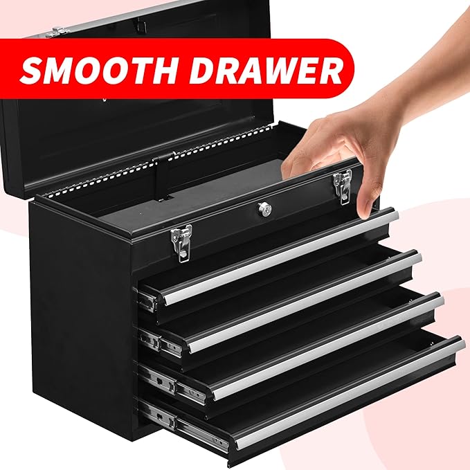 Metal Tool Box with 4 Drawers Portable Steel Tool Chest with Metal Cylinder Lock and Latch Closure, Liner, Powder Coating, Suitable for Garage, Warehouse and Outdoor Repair Job-Black