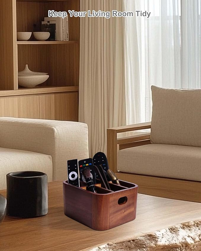 LYNG Acacia Wood Remote Control Holder Caddy, Solid Wood Organizer with 4 Adjustable Dividers & Handle, Remote Organizer for Coffee Table & Living Room