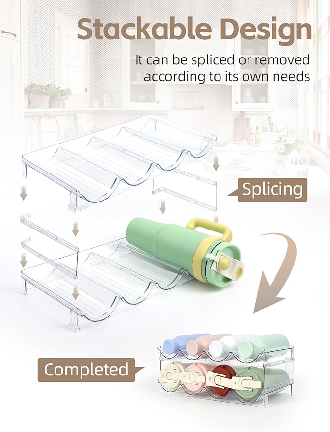 Water Bottle Organizer - 2 Pack Clear Stackable Storage Rack for Stanley Yeti and Other Tumblers - 2 Tier Wine Rack Holds 8 for Kitchen Cabinets