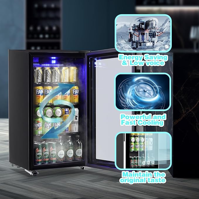 WANAI Mini Fridge Cooler 120 Can Beverage Refrigerator with LED Display with Touch Screen, Adjustable Shelves, Small Beverage Fridge with Glass Door for Beer Soda Wine for Home, Office, Bar, 3.5 Cu.Ft