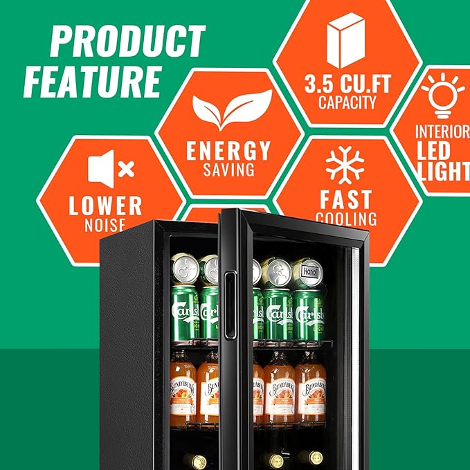 WANAI Mini Fridge Glass Door 120 Cans Beverage Refrigerator Small Wine Cooler Clear Front Drinks Fridge for Soda Beer Bar Home Office with 7 Thermostat LED Lights
