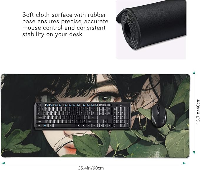 Girl in Foliage Large Mouse Pad, Anime Style Gaming Desk Mat, XXL Keyboard Desk Pad Mat for Desktop, 35.4"x15.7" Non-Slip Base Big Mousepad with Stitched Edges
