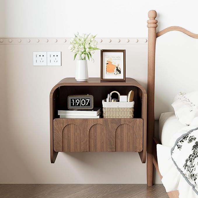 Floating Nightstand Set of 2, Small Night Stand with Drawer and Open Storage Shelf, Modern Wall Mounted Bedside Table, Farmhouse Wooden Nightstands for Bedroom, Living Room