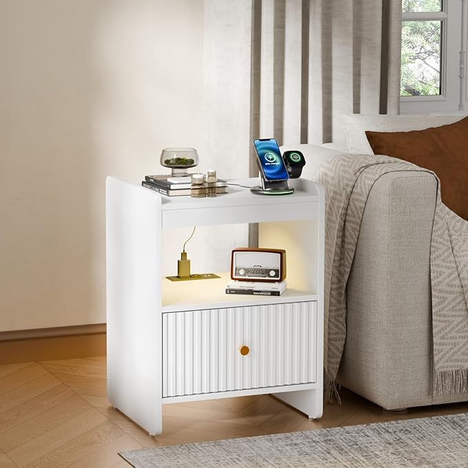 HIFYOBRO 21.6" Tall Fluted Nightstand, End Table with Charging Station and LED Light, Modern End Side Table with Drawer(White)