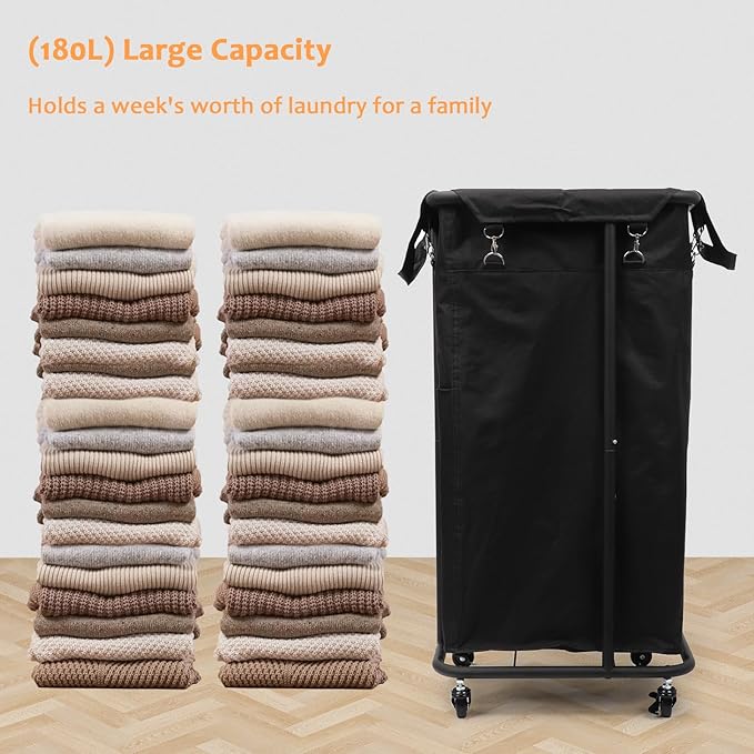 Longzhuo 47.55 Gal(180L) Rolling Laundry Basket With Wheels, Laundry Hamper With Wheels, Metal Wheeled Laundry Basket for Laundry, Hotel, Bedroom & Laundry Room Organization, Black