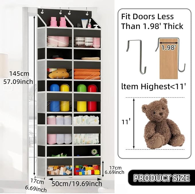 5-Tier Heavy Duty Over the Door Organizer with 10 Compartments - 600D Oxford Cloth Large Behind Door Storage for Closet, Nursery, Bedroom, Pantry, Diaper & Toy Organizer (black)