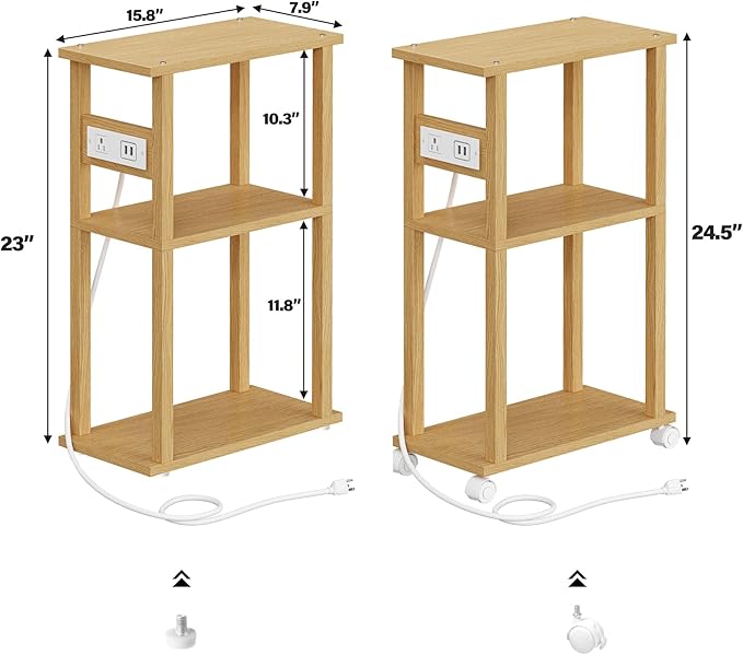 TUTOTAK Small Narrow Side Table with Charging Station, Skinny End Table for Small Spaces, Slim Nightstand with USB Ports and Outlet, Sofa Beside Table with Wheels, Natural TB01BN046