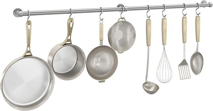 ROTHLEY Hanging Pot Rack Hanger: 39.4 Inch Stainless Steel Pot and Pan Hanger Pot Rack Wall Mounted Hanging Pots and Pans Rack Pot Hangers for Kitchen Wall Kitchen Rail with Hooks (Brushed)