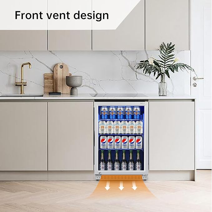 Weili 20 Inch Built in Beverage Refrigerator with Lock, Under Counter or Freestanding 120 Can Soda Beer Drink Cooler Fridge with Stainless Steel and Glass Door