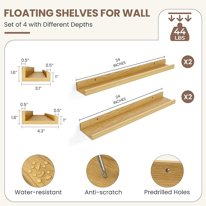 Fun Memories Picture Ledge Shelf, Floating Shelves Set of 4, 24 Inch Picture Shelves for Wall with Ledge, Large Nursery Book Shelf for Toys Storage, Living Room, Bedroom Decor Frames, Oak