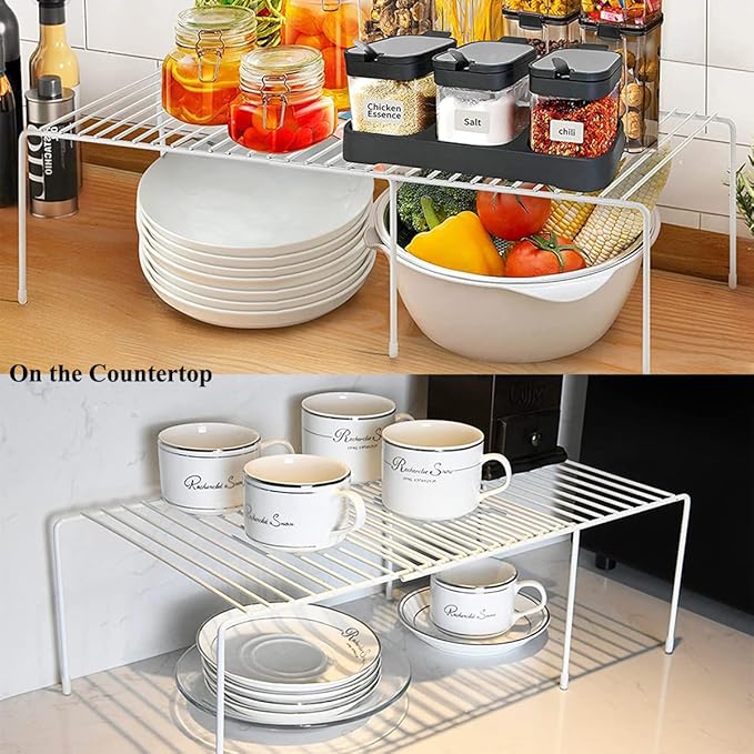 Expandable Cabinet Storage Organizer Shelf, Freezer Shelf Kitchen Cabinet Pantry Spice Rack for Plate Cup Organizer with Scratch Resistant Feet, 2 Sets