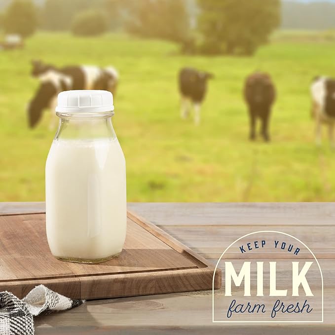 kitchentoolz Glass Creamer Bottle 12 Oz Square Glass Milk Bottle with Lids- Perfect Milk Container for Refrigerator - 12 Ounce Milk Bottle with Lid and Pour Spout