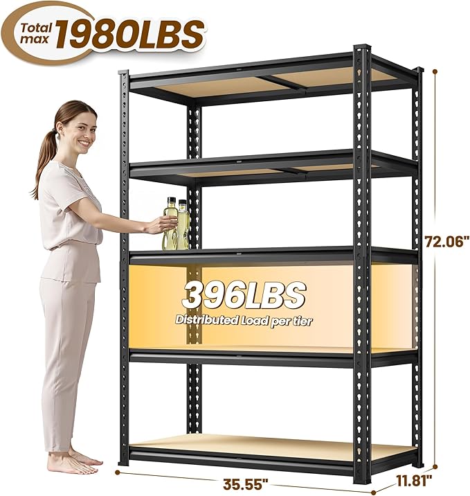 5-Tier Storage Shelves, 1980LBS Adjustable Pantry Shelves, Metal Shelving Unit for Storage, Kitchen, Pantry, Closet, Laundry, Garage,72.06" H x 35.55" W x 11.81" D
