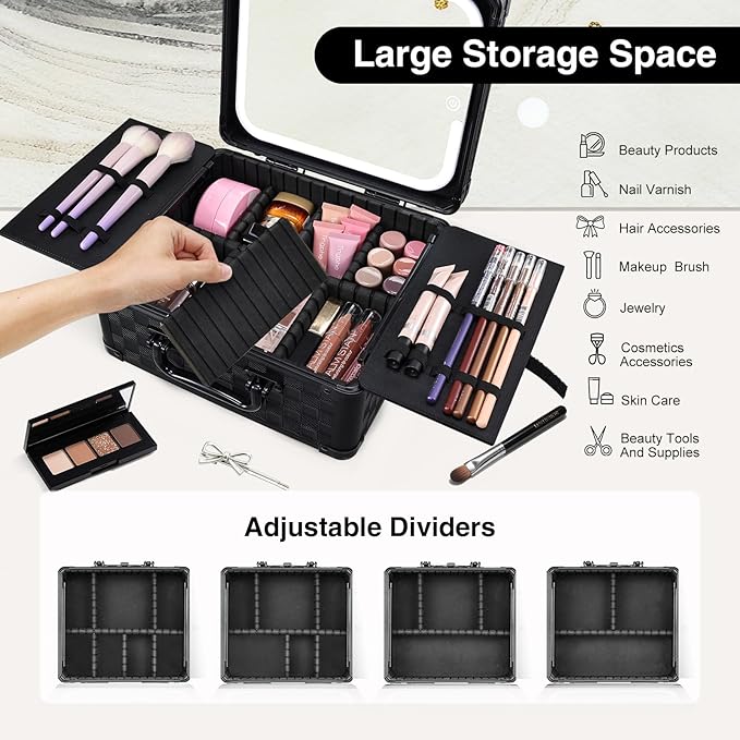 Makeup Case with Magnetic Lighted Mirror 10.15 IN Makeup Organizer Box Travel Cosmetic Case with 3 Colors LED Mirror Portable Vanity Make up Suitcase with Dividers Brush Holder Lock Black Checkerboard