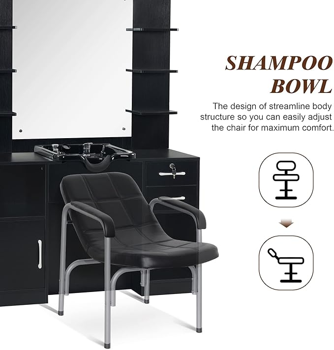 BarberPub Wall Mount Storage Station with Mirror Shampoo Bowl High-end Styling Beauty Salon Furniture Set 3145 (Black)