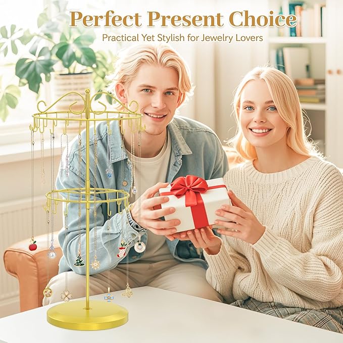 MODOWEY Rotating Necklace Holder Organizer Display Stand with 42 Hooks, 2 Tier Adjustable Metal Tree for Long Necklace Hanger Selling, Tall Spinning Bracelet Storage Rack for Men Women, Gold